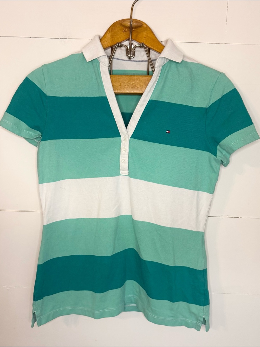 Tommy Hilfiger Mint, Teal & White Striped Polo Shirt
